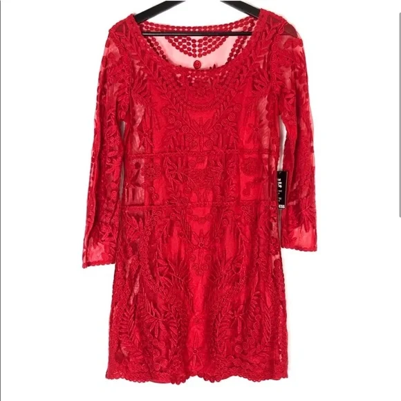 Express| NWT|Bold Red Lace Mini Dress| Long Sleeve Size XS - Picture 2 of 4